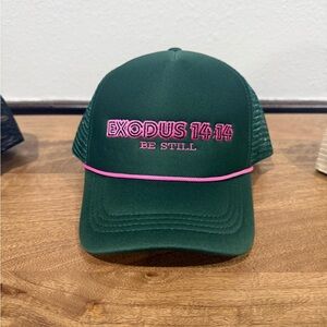 Green Trucker Hat with Pink 'EXODUS 14:14' Embroidery